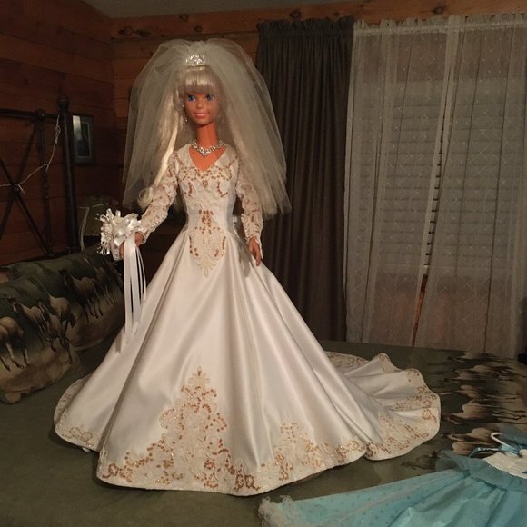 My Size Dancing Barbie (1996) Handmade Satin Wedding Dress w/ blue dancing dress